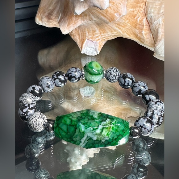 SNOW OBSIDIAN + AGATES NATURAL STONES  BRACELET size 7” - Picture 3 of 14